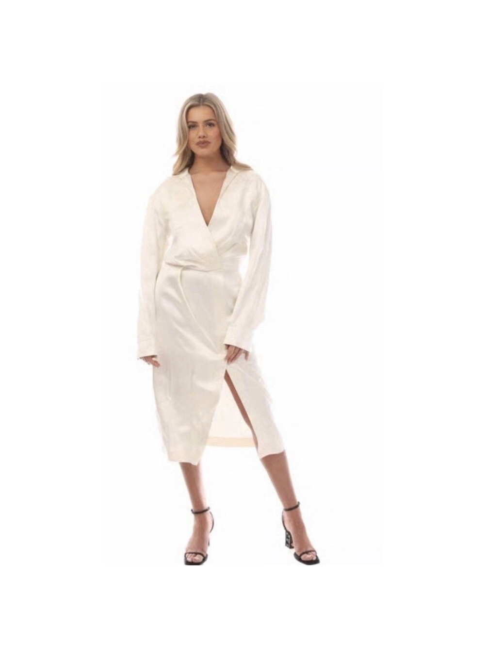 Off-White DUCHESSE TWIST LONG Cream long Sleeve satin wrap Midi Dress sz S (38)